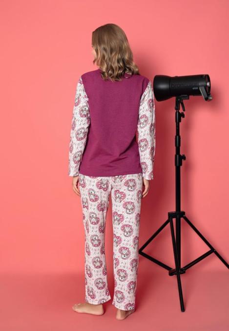 Pijama damă vătuită, mânecă lungă cu ursuleți și pantaloni lungi din bumbac, imprimeu Teddy, Engros